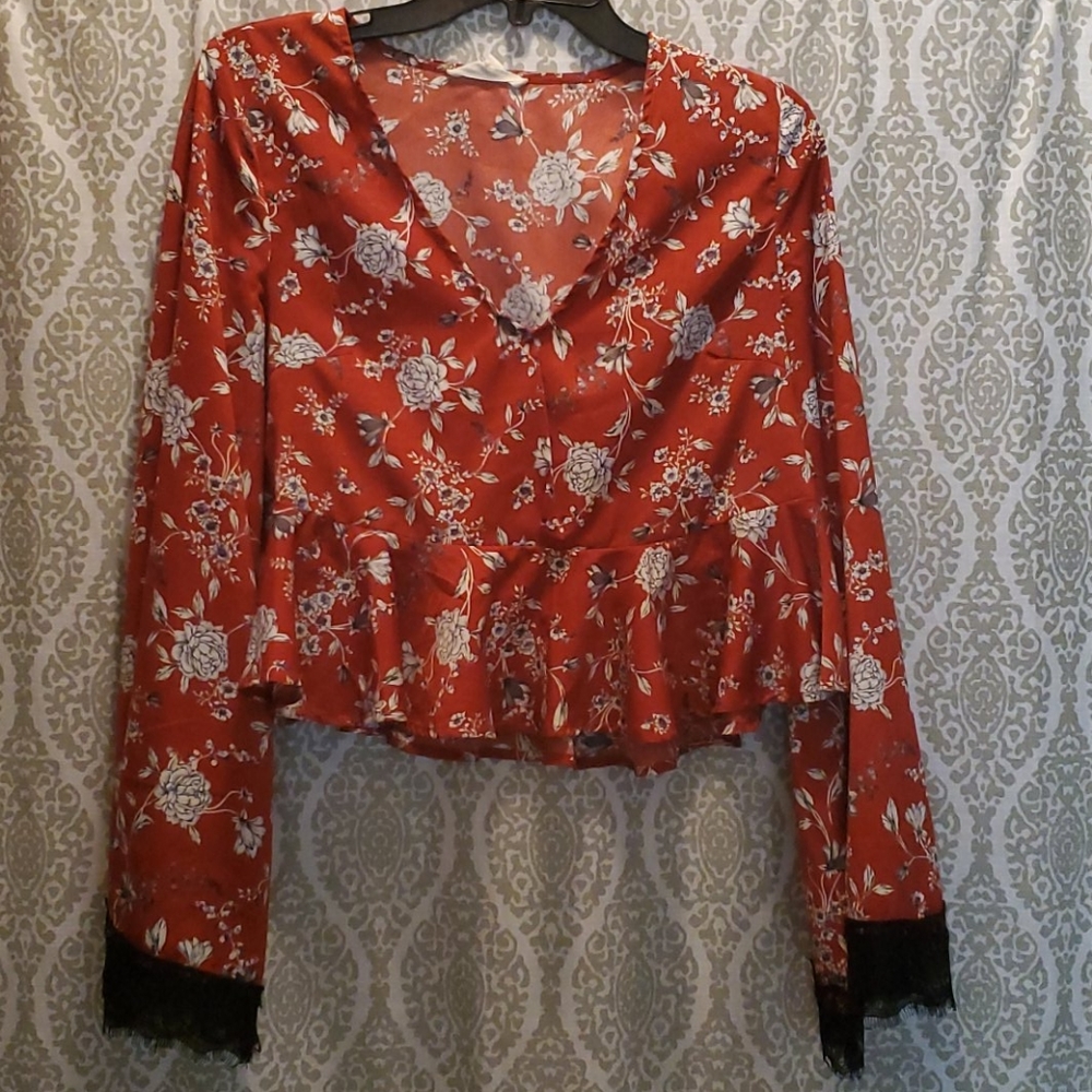 Floral crop bell sleeve top